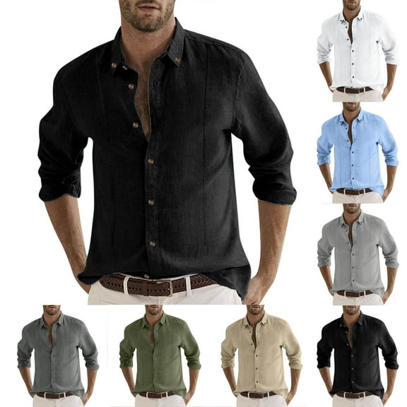 Jinhomg Long Sleeve Cotton Linen Shirt for Men Casual Solid Button Up Summer Tops Lightweight Comfy Lapel Collar V-Neck Business Shirts Fall Saving Black XL