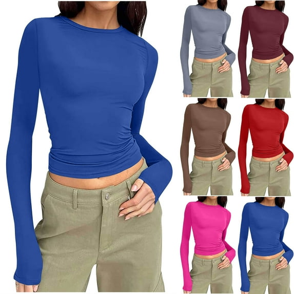 Jinhomg Long Sleeve Cropped Shirts for Women Solid Color Round Neck Tops Lightweight Slim Fit Underscrubs,Gifts for Women Wine,XS