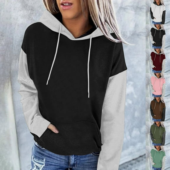 Jinhomg Long Sleeve Hoodies for Women Fall Casual Color Block Kangaroo Pocket Sweatshirt Loose Cozy Long Sleeve Pullover Hoodie with Drawstring Wine S