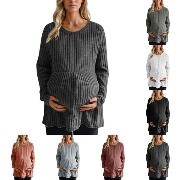 Jinhomg Long Sleeve Maternity Tops for Women Fall Winter Casual Solid Color Knitted Pullovers Plus Size Warm Cozy Crewneck Sweater 90% off Clearance Sale of Today Wine L