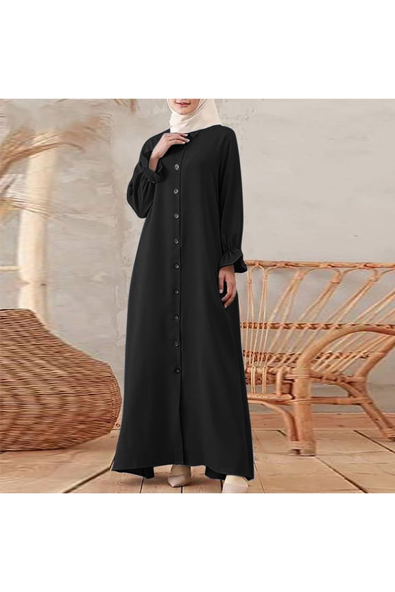 Long Sleeve Maxi Dresses for Women Solid Button Down Shirt Dress Summer Casual Shift Dresses Muslim Abaya Dress Todays Sales Today Clearance Black XXL