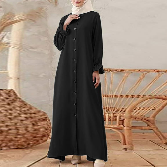 Jinhomg Long Sleeve Maxi Dresses for Women Solid Button Down Shirt Dress Summer Casual Shift Dresses Muslim Abaya Dress Fall Saving Black M