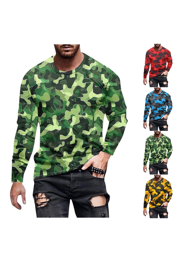 Long Sleeve Shirts for Men 2025 Trendy Camo Print Workout Tees Lightweight Comfy Crew Neck Pullover Tops Casual Daily Wear Red M