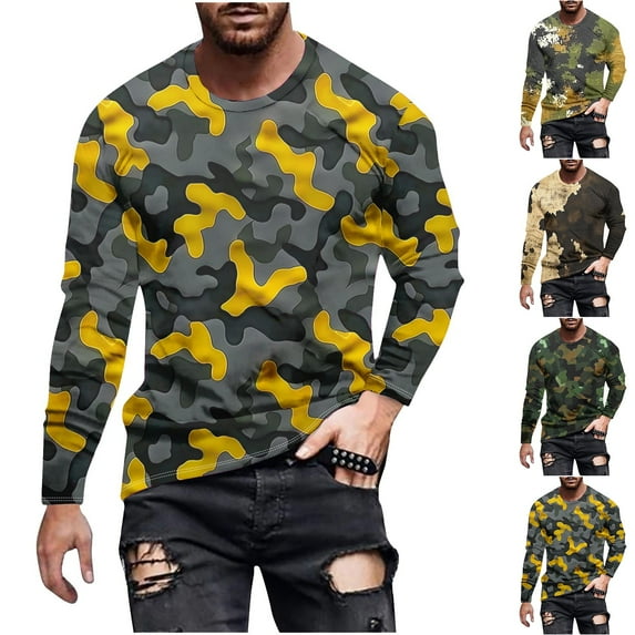 Jinhomg Long Sleeve Shirts for Men 2025 Trendy Camo Print Workout Tees Lightweight Comfy Crew Neck Pullover Tops Casual Daily Wear Army Green S