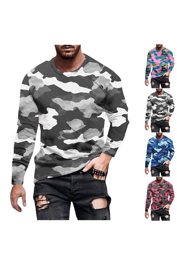 Long Sleeve Shirts for Men 2025 Trendy Camo Print Workout Tees Lightweight Comfy Crew Neck Pullover Tops Casual Daily Wear Blue M