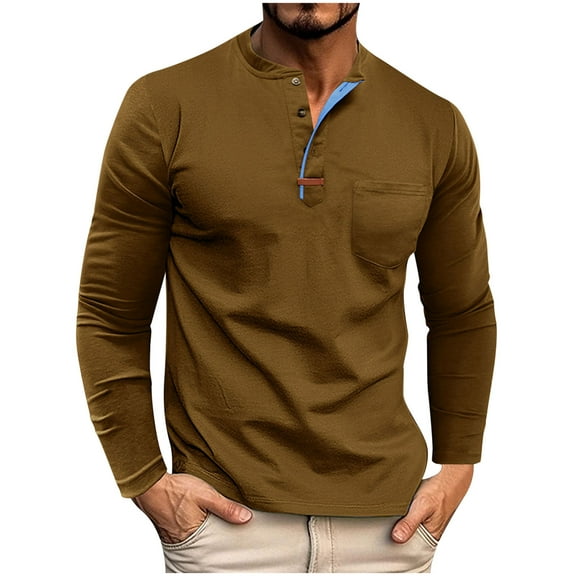Jinhomg Long Sleeve Shirts for Men Big & Tall Button Down Crewneck T Shirt Multicolor Plus Size Classic Fit Henley Pullover Tops Brown,XXXL
