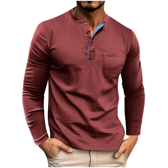 Jinhomg Long Sleeve Shirts for Men Big & Tall Button Down Crewneck T Shirt Multicolor Plus Size Classic Fit Henley Pullover Tops Red,XL