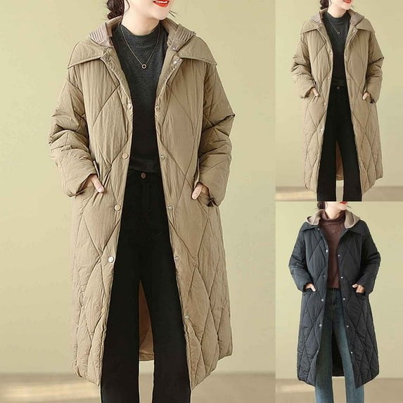 Jinhomg Long Winter Jacket for Women Lightweight Comfy Button Down Hooded Puffer Coat Casual Warm Outerwear with Pockets Summer Saving Black L