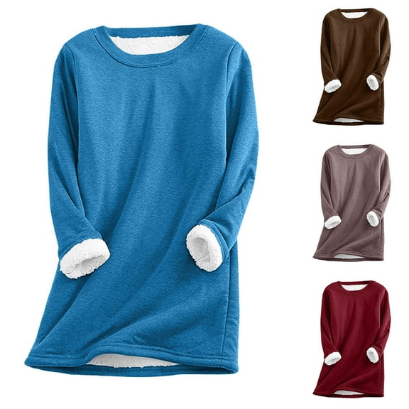 Jinhomg Loose Fit Fleece Sweatshirts for Women Plus Size Thermal Cozy Sherpa Fleece Lined Tunic Tops Fall Winter Casual Solid Crewneck Loungewear Blue L