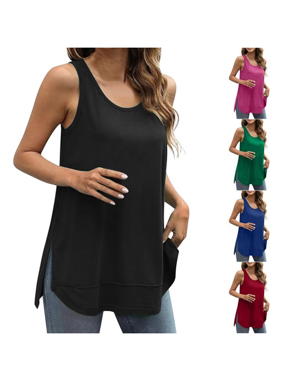Loose Fit Tank Tops for Women Casual Comfy Side Split Scoop Neck Shirts Lightweight Sleeveless Summer Tanks 2025 Fashion Clothes Holiday Sales Hot Pink S