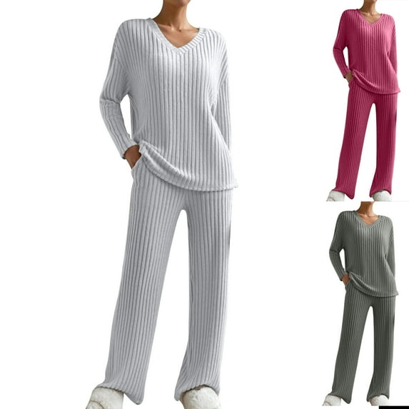 Jinhomg Loose Knit Outfits for Women Fall Casual Comfy Long Sleeve V-neck Pullover and Straight Leg Pants Set 2 Piece Trendy Solid Loungewear Seasonal Sale Gray XL