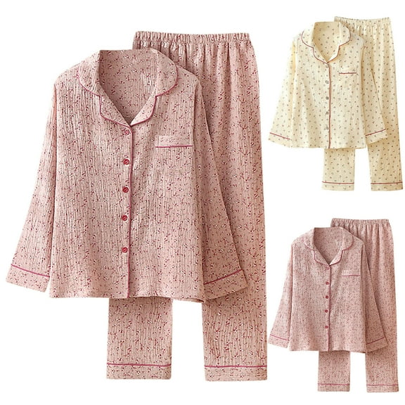 Jinhomg Loose Pajamas Sets for Women 2 Piece Cute Floral Print Cotton Sleepwear Fall Winter Casual Long Sleeve Button Down Tops and Elastic Waist Pants Pink L