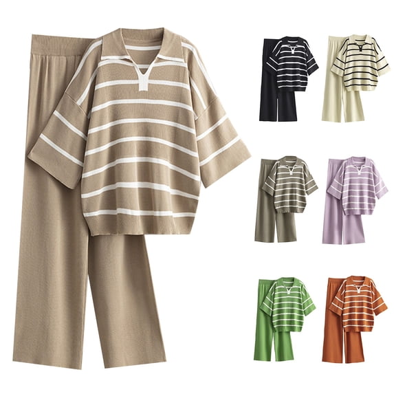 Jinhomg Lounge Sets for Women Two Piece Ice Silk Sweaters Outfits Oversized Comfy Lapel Collar Striped Sweater and Wide Leg Pants Set Orange Free Size