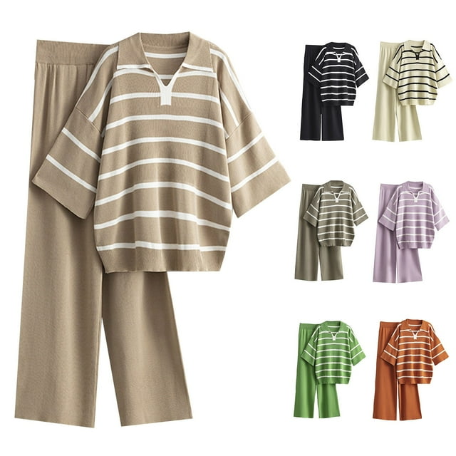 Jinhomg Lounge Sets for Women Two Piece Ice Silk Sweaters Outfits Oversized Comfy Lapel Collar Striped Sweater and Wide Leg Pants Set Sales Today Clearance Khaki Free Size