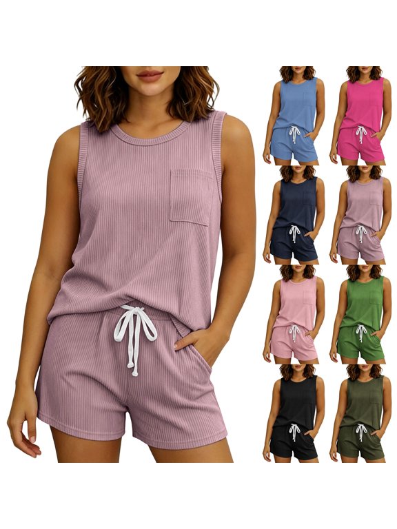 M Two Piece Summer Outfits Tanks Drawstring Shorts Pajama Sets 2 Piece Sets Lounge Set Sleeveless with Pockets Hot Pink
