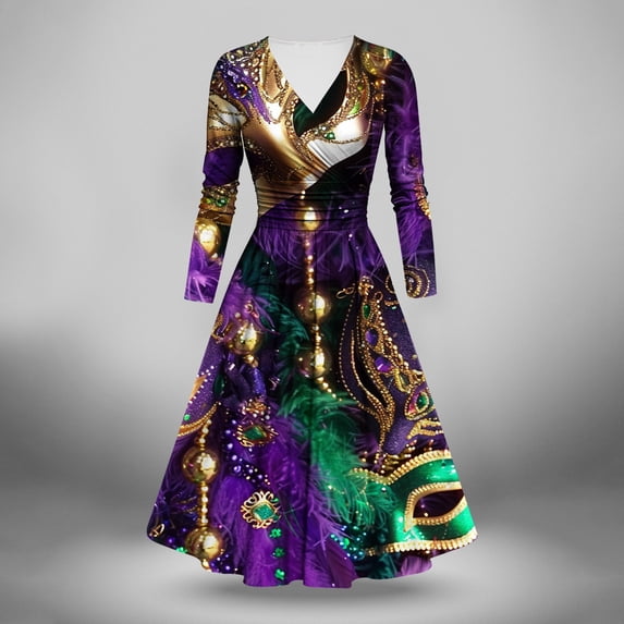 Jinhomg Mardi Gras Dress for Women Party 2025 Funny Carnival Themed Masks Print Dresses Lightweight Casual V-Neck Midi Dress Holiday Party Wear Multicolor S