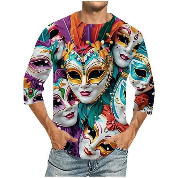 Jinhomg Mardi Gras T-Shirts for Men Funny 2025 Trendy Carnival Mask Graphic Tees Big and Tall Casual Comfy Short Sleeve Party Tops Streetwear White L