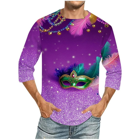 Jinhomg Mardi Gras T-Shirts for Men Funny 2025 Trendy Carnival Mask Graphic Tees Big and Tall Casual Comfy Short Sleeve Party Tops Streetwear Winter Saving Purple XXXL
