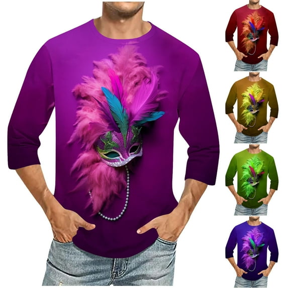 Jinhomg Mardi Gras Tee Shirts for Men Novelty Funny Carnival Themed Mask Print Tops Lightweight Comfy Short Sleeve Crew Neck Holiday Party T-Shirts Green XXL