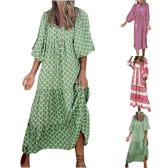 Jinhomg Maxi Dresses for Women Loose Fit Casual Geometric Pattern Tiered Dress Plus Size Comfy Puff Sleeve Maxi Dresses Flowy Bohemian Dresses Prime Big Deal Days Mint Green XXL