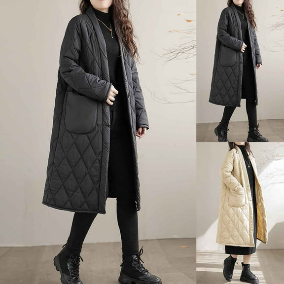 Jinhomg Maxi Puffer Coat for Women Lightweight Comfy Long Sleeve Quilted Jacket Fall Winter Casual Loose Open Front Down Coats with Big Pockets Black L