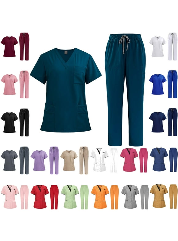 Jinhomg Medical Nurse Uniform for Women 2 Piece Solid Scrubs Set Lightweight Comfy Short Sleeve V-Neck Tunics with Elastic Drawstring Waist Pants Spring Saving Black S