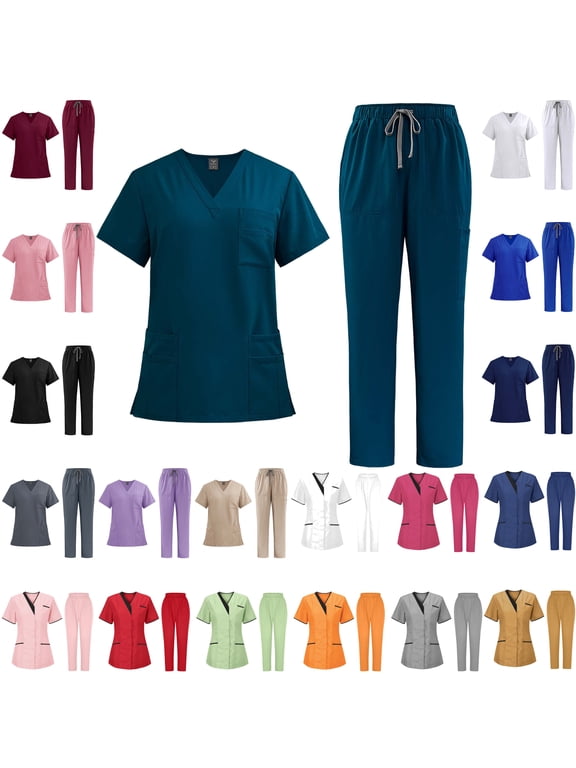 Medical Nurse Uniform for Women 2 Piece Solid Scrubs Set Lightweight Comfy Short Sleeve V-Neck Tunics with Elastic Drawstring Waist Pants Spring Saving Black S