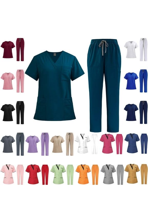 Medical Nurse Uniform for Women 2 Piece Solid Scrubs Set Lightweight Comfy Short Sleeve V-Neck Tunics with Elastic Drawstring Waist Pants Winter Saving Blue XL