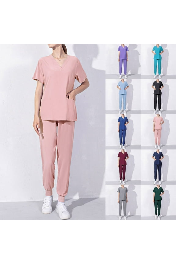 Medical Scrubs Set for Women 2 Piece Plain Solid Nursing Uniforms Lightweight Comfy Short Sleeve V-Neck Scrub Shirt and Pants with Pockets Clearance Items for Women Sky Blue L