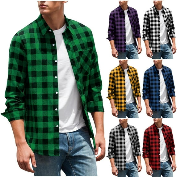 Jinhomg Men Button Up Shirt Regular Fit Long Sleeve Plaid Shirts Oversized Checkered Casual Blouse Shirt With Chest Pockets Green,S