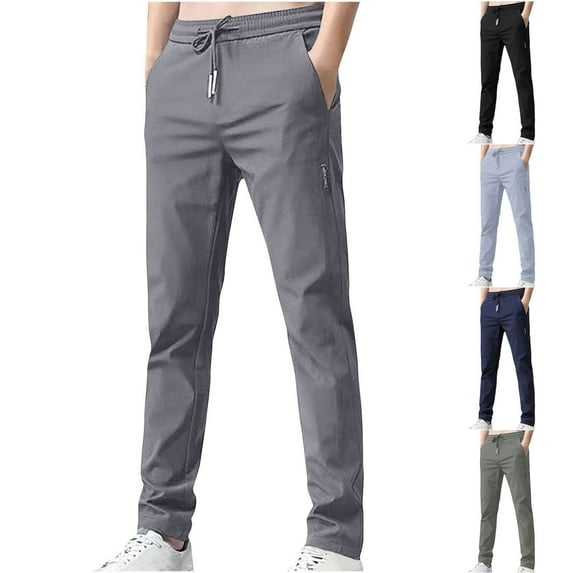 Jinhomg Men Casual Pants Straight Relaxed Fit Elastic Waist Pant Stretch Quick Drying Trousers Ice Silk Breathable Joggers Black,XL