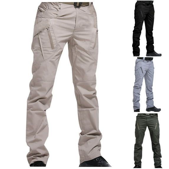 Jinhomg Men’ S Casual Solid Cargo Pants Loose Fit Cotton Elastic Drawstring Waist Trousers Pull On Lightweight Chino Pants for Man Khaki,L