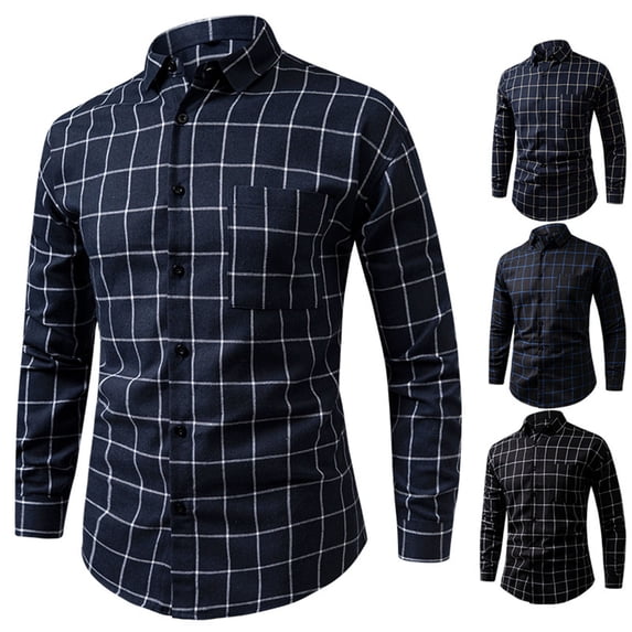 Jinhomg Men's Flannel Button-Up Shirt Soft Warm Long Sleeve Shirts Casual Slim Fit Plaid Shirt with Pocket Black,XXL