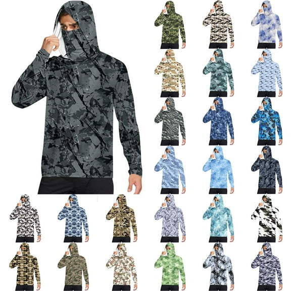 Jinhomg Men’S Hunting Shirts Upf 50+ Sun Protection Hiking Fishing Hoodies Casual Loose Long Sleeve Camo Rash Guards With Mask Navy L