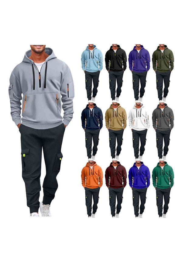 Men Tracksuit Set Fleece Lined 2 Piece Sets Tactical Hoodies Quarter Zip Pullover and Cargo Joggers Fashion Athletic Sweatsuits