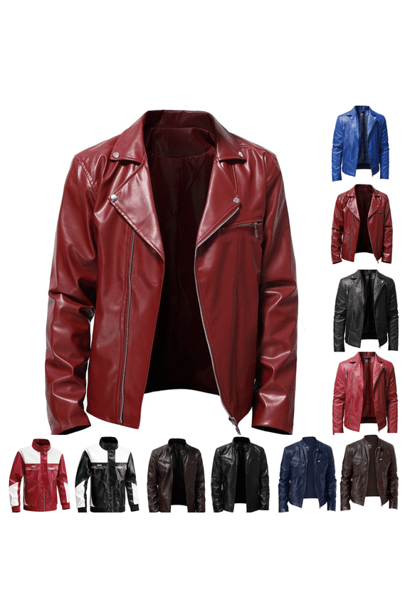 Men Zip Up Jacket Bomber Faux Leather Notched Collar Leather Motorcycle Jacket Lightweight Pu Coat Outwear with Pockets Dark Blue,XXL