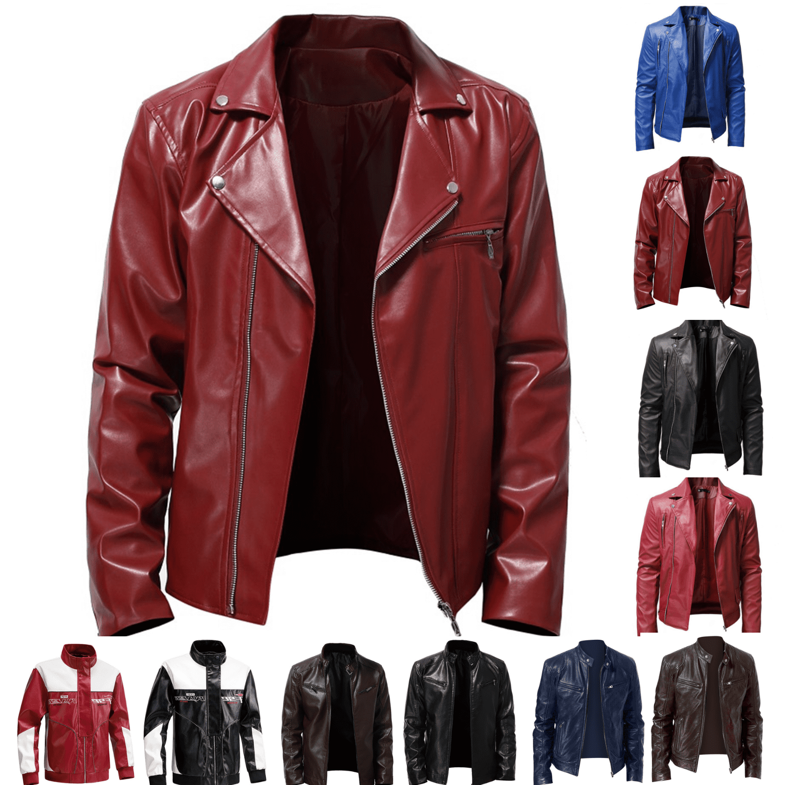 Jinhomg Men Zip Up Jacket Bomber Faux Leather Notched Collar Leather Motorcycle Jacket Lightweight Pu Coat Outwear with Pockets Red,M