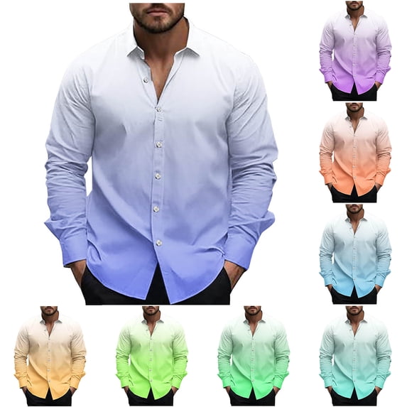 Jinhomg Men's 2025 Fashion Shirts Lightweight Casual Gradient Color Shirts Relaxed Fit Long Sleeve Lapel Collared Shirts Spring Summer Tops Light Blue XL