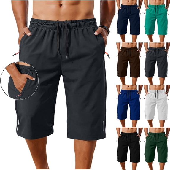 Jinhomg Men's Athletic Running Workout Shorts Cropped Quick Dry Cycling Pants Drawstring Wasit Lightweight Capris Pants with Pockets Black,L