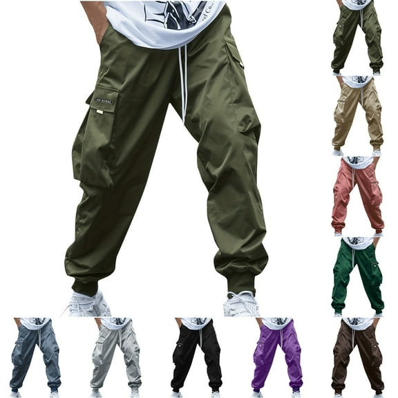 Jinhomg Men's Baggy Street Pants Big and Tall Comfy Elastic Drawstring Waist Cargo Pants Casual Solid Cinch Bottom Outdoor Pants with Deep Pocket Army Green XL
