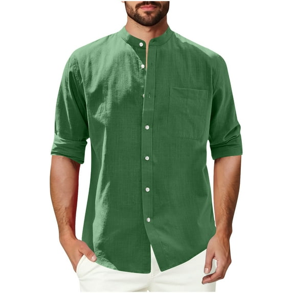 Jinhomg Men's Band Collar Linen Shirt Button Down Long Sleeve Cotton Beach Tees Shirts Blouses Fall Lightweight Shirts with Pocket Green,L