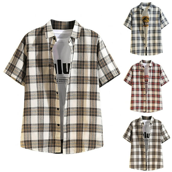 Jinhomg Men's Big and Tall Summer Shirt Vintage Buffalo Plaid Print Hawaiian Shirt Casual Loose Short Sleeve Button Down Holiday Beach Shirts Seasonal Sale Orange L