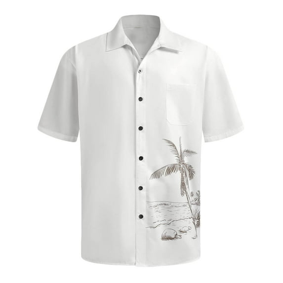 Jinhomg Men's Button Up Beach Shirts Trendy Tropical Palm Tree Graphic Hawaiian Shirt Big and Tall Comfy Short Sleeve Lapel Collar Vacation Shirts Clearance Items for Men White XL