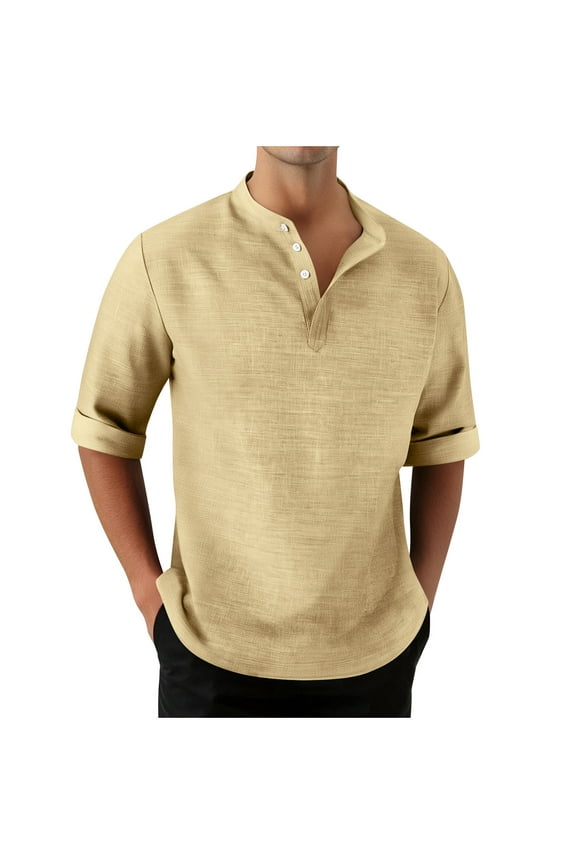 Men's Button Down Shirts Henley Casual 3/4 Sleeve Band Collar Textured T-Shirts Blouse Outerwear Vacation Beach Shirt Khaki,XXXL