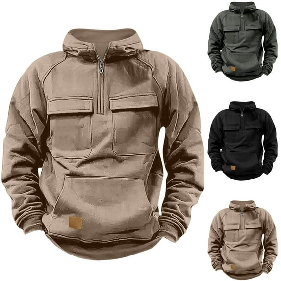 Jinhomg Men's Casual 1/4 Zip Hoodless Sweatshirt Casual Tacticals 1/4 Zip Long Sleeve Hoodie Sweatshirts Vintage Workout Cargo Pullover Khaki,L