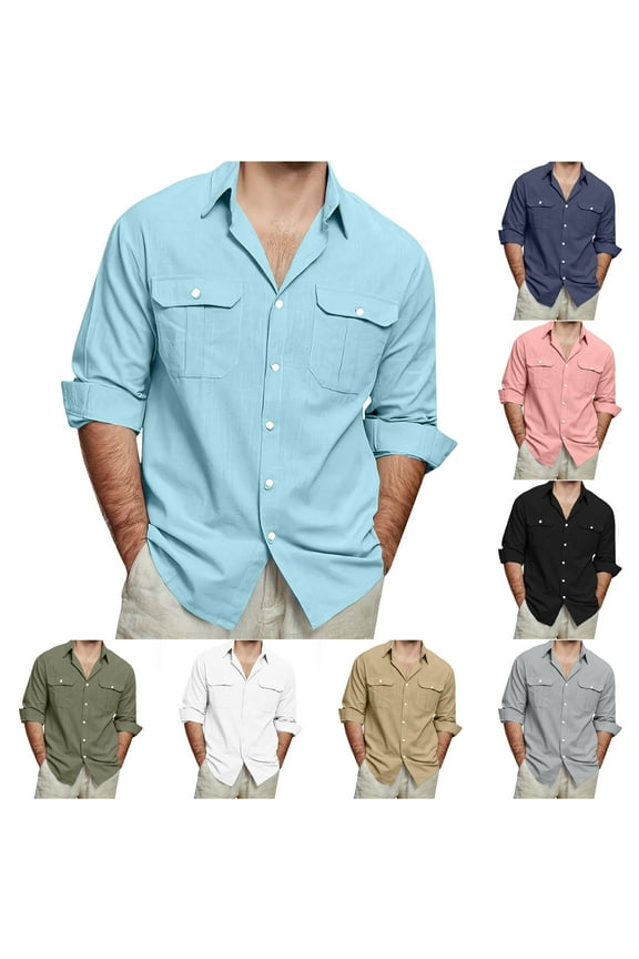 Men's Casual Button Down Shirts Breathable Comfy Cotton Linen Solid Shirt Lightweight Long Sleeve Dress Shirt with Pockets Summer Saving Army Green M