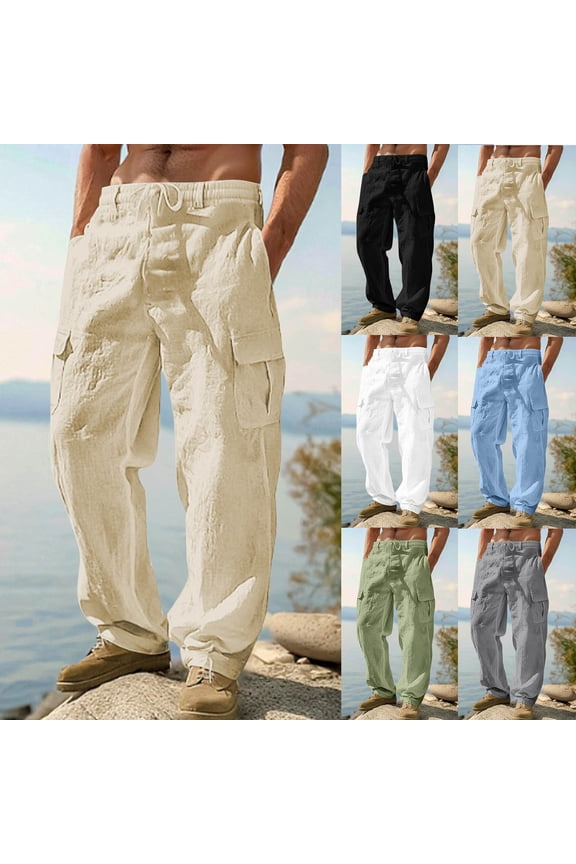 Men's Casual Drawstring Pants Relaxed Fit Linen Cargo Pants Lightweight Lounge Elastic Waist Trousers with Pockets Army Green,XXXL