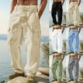 thumbnail image 1 of Jinhomg Men's Casual Drawstring Pants Relaxed Fit Linen Cargo Pants Lightweight Lounge Elastic Waist Trousers with Pockets Black,S, 1 of 7