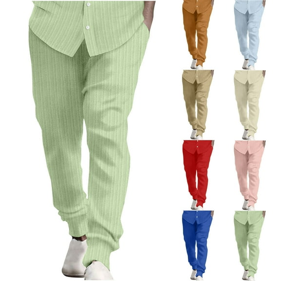 Jinhomg Men's Casual Pants 2025 Trendy Cotton Linen Striped Pant Lightweight Comfy Elastic Waist Lounge Pants with Pockets Daily Wear M