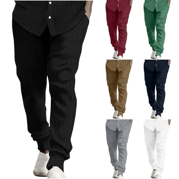 Jinhomg Men's Casual Pants 2025 Trendy Cotton Linen Striped Pant Lightweight Comfy Elastic Waist Lounge Pants with Pockets Daily Wear Items for Men XXXL